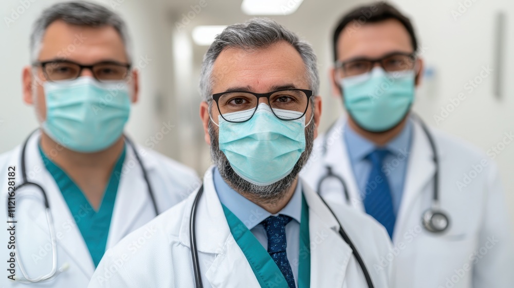 Three Healthcare Professionals in Masks Stand Confidently in Hospital Corridor Three Healthcare Professionals in Masks Stand Confidently in Hospital Corridor