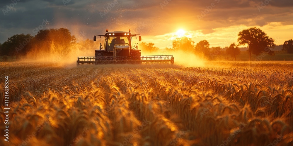 Fototapeta premium Tractor Harvesting Wheat Field at Sunset