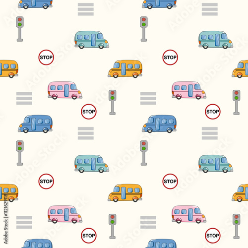 Bus colorful cartoon so cute. On zebra crossing traffic lights background. Pattern seamless vector illustration. 