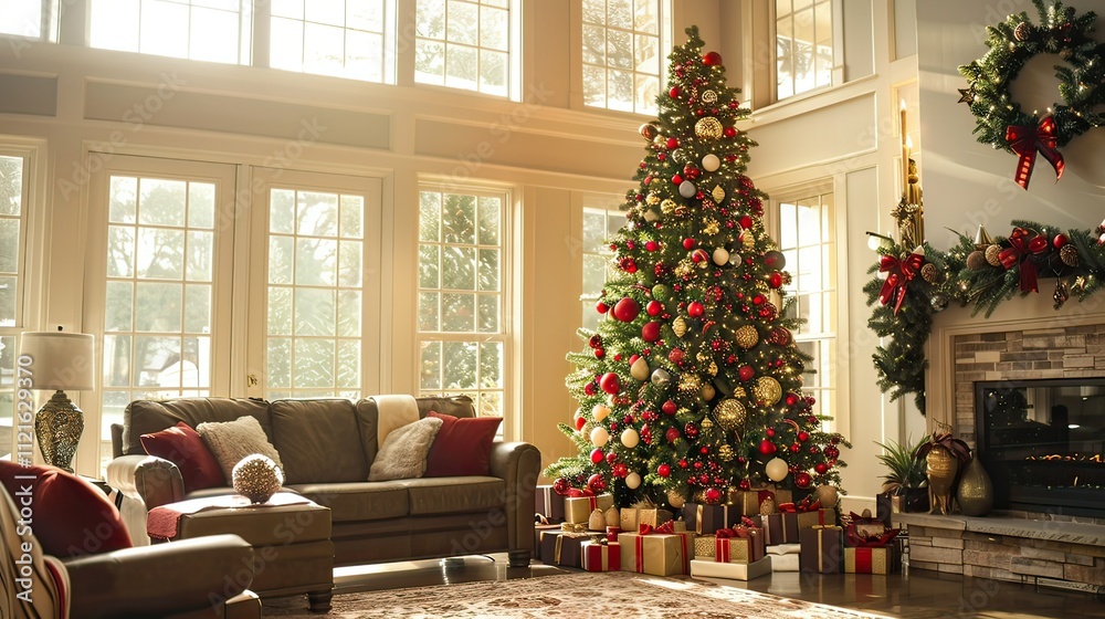 Fototapeta premium A White family decorating a Christmas tree in their living room.