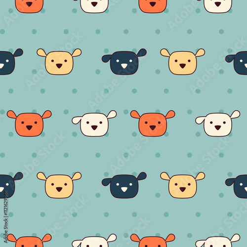 Face dog cartoon so cute. On polka dot green background. Pattern seamless vector illustration. 
