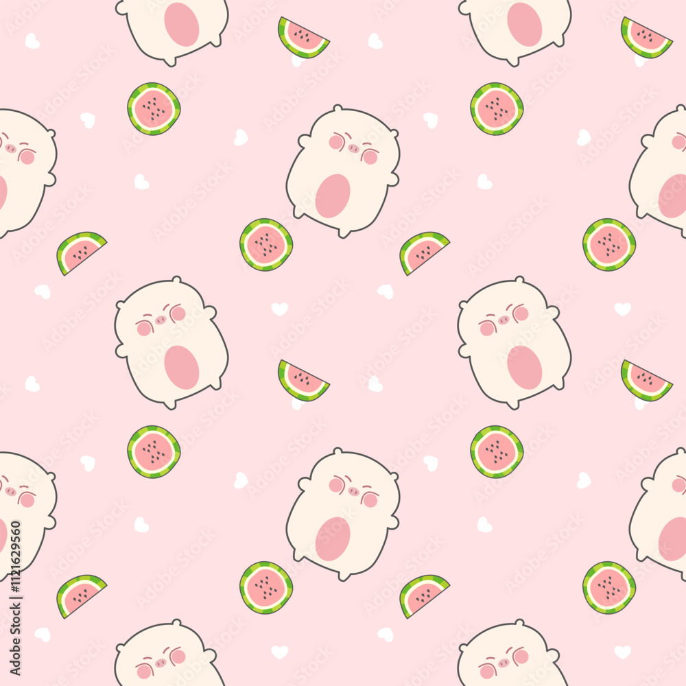 Pig cartoon so cute. On watermelon heart pink background. Pattern seamless vector illustration. 