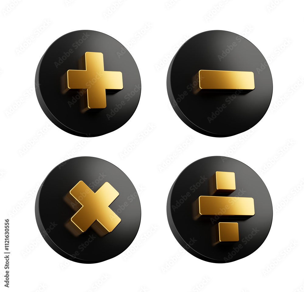 Obraz premium 3d Golden Plus, Minus, Multiply And Divide Symbol On Rounded Black Icons, 3d illustration 