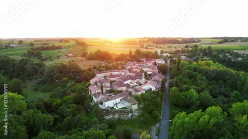 Colorful landscape view of the village of Castelmoron d'Albret in the Bordeaux region. Aerial view of the smallest village in France.