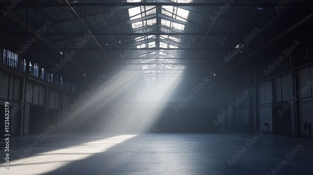 Sunbeams illuminate vast, dark industrial space. Sunbeams illuminate vast, dark industrial space.