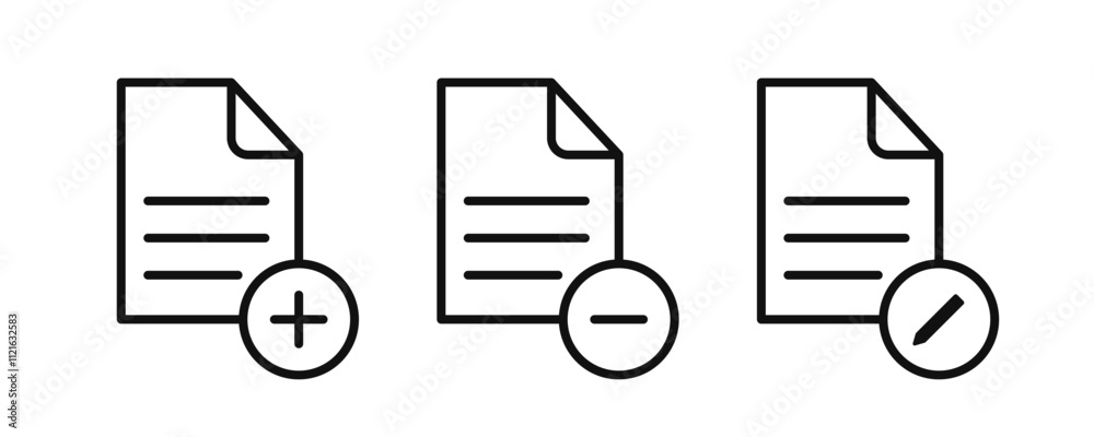 Add document icon, remove document icon, edit document icon. Editable stroke Add document icon, remove document icon, edit document icon. Editable stroke