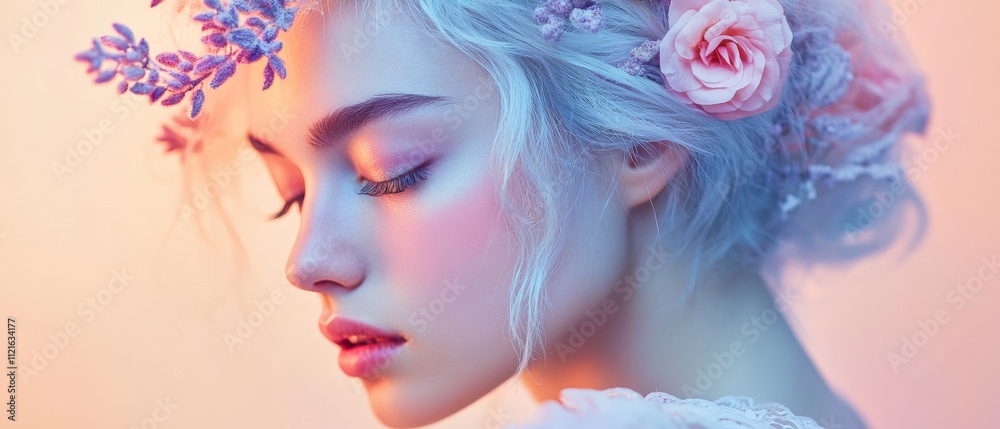 Delicate Portrait of a Young Woman with Floral Crown and Soft Lighting, Emphasizing Beauty and Grace in a Dreamy Pastel Aesthetic Delicate Portrait of a Young Woman with Floral Crown and Soft Lighting, Emphasizing Beauty and Grace in a Dreamy Pastel Aesthetic