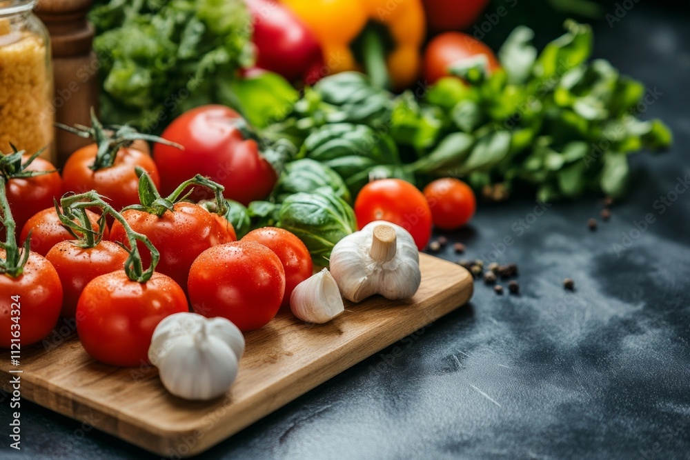 Fresh tomatoes and garlic on wooden board with colorful vegetables and herbs Fresh tomatoes and garlic on wooden board with colorful vegetables and herbs