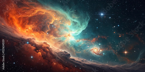 Cloud nebula of a colorful cosmic galaxy. Starry night sky. Astronomy and universe science. Background wallpaper of a supernova planetary planet and moon.