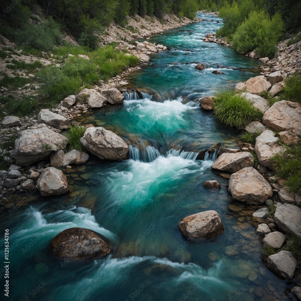 A clear river originating from a mountain spring flowing through the valley. A clear river originating from a mountain spring flowing through the valley.