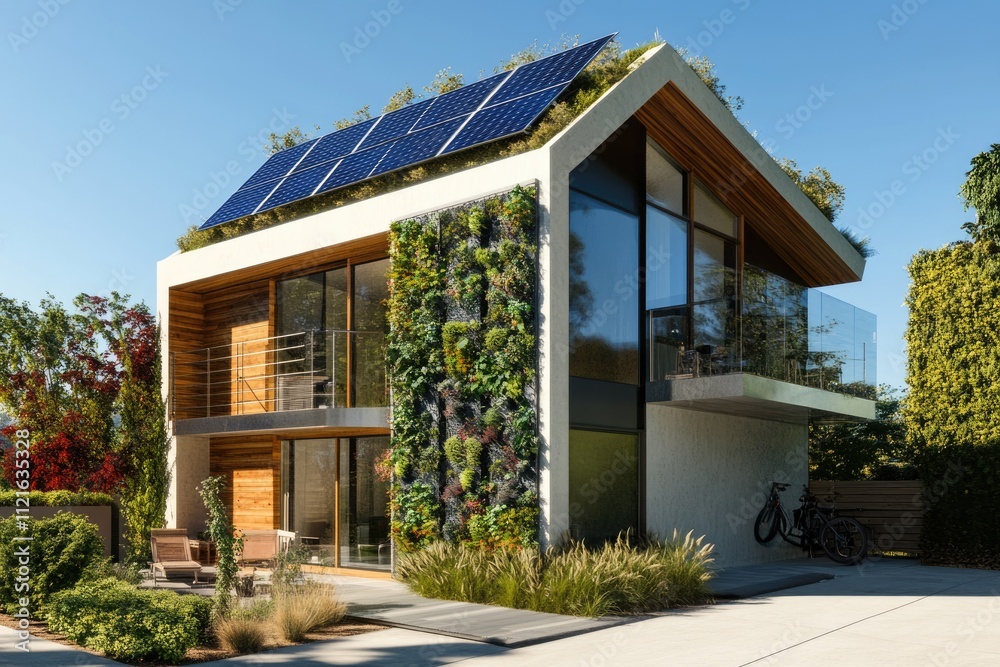 Modern eco-friendly house with solar panels, green roof, and living wall. Modern eco-friendly house with solar panels, green roof, and living wall.