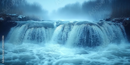 A Blue Waterfall in a Misty Forest