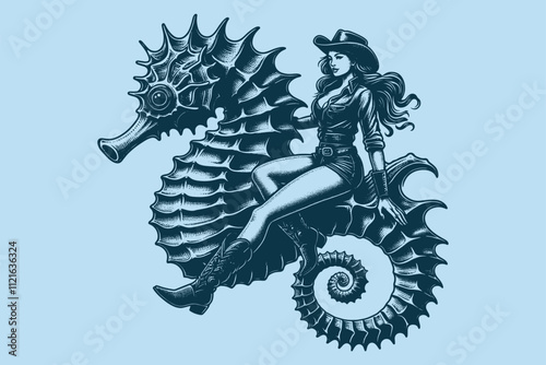 Surreal cowboy woman riding a detailed seahorse. Vintage engraving vector illustration, isolated object	