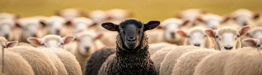 A black sheep stands out among a flock of white sheep in a grassy field, highlighting contrast and uniqueness within a group setting. A black sheep stands out among a flock of white sheep in a grassy field, highlighting contrast and uniqueness within a group setting.