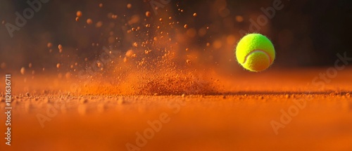 Dynamic Tennis Action: Yellow Ball Hitting Orange Court Surface with Dust and Energy - Perfect for Sports, Fitness, and Event Promotions