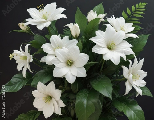 a bouquet of pure white flowers with thick, velvety green leaves and stems , thick leafy greens, fresh cut flowers