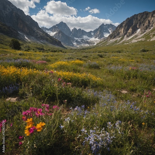 A hidden valley surrounded by towering mountains and filled with wildflowers.