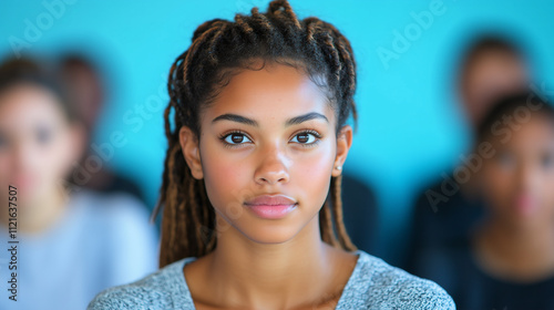 Confident Young Woman with Dreadlocks Leading Team in Office Group Photo