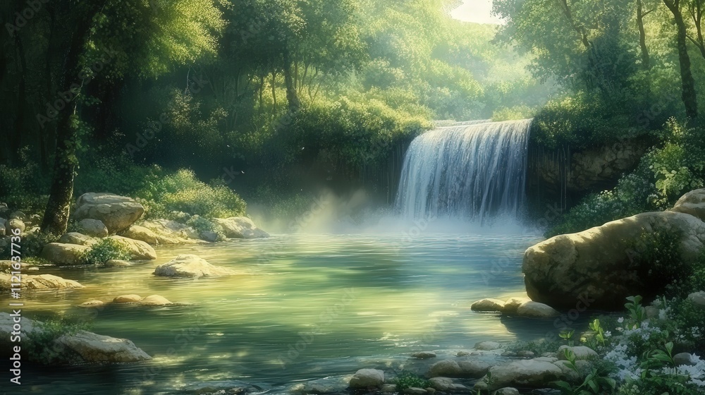 A serene waterfall cascades into a clear stream, surrounded by thick forest. A serene waterfall cascades into a clear stream, surrounded by thick forest.