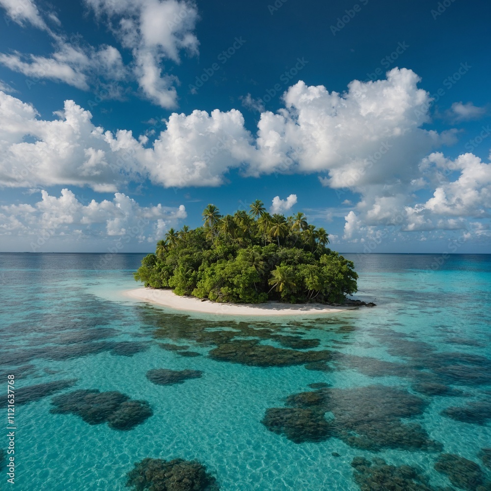 Fototapeta premium A tropical island with dense greenery surrounded by clear azure waters.