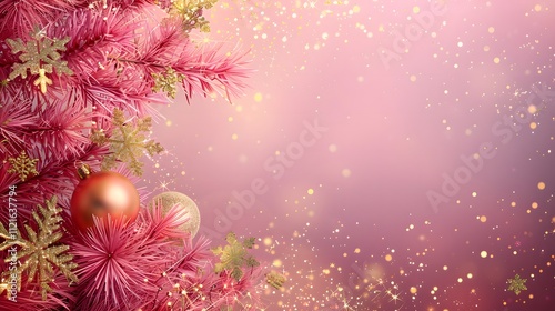 A festive pink New Year scene with ornaments, snowflakes, and shimmering background.