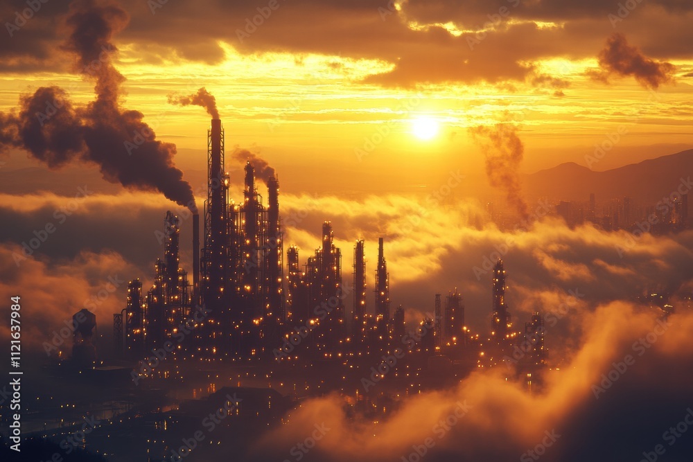 Industrial sunset over urban landscape factory silhouettes amidst clouds atmospheric environmental photography high angle view Industrial sunset over urban landscape factory silhouettes amidst clouds atmospheric environmental photography high angle view