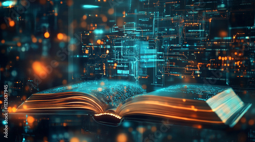 A glowing digital interface an open book with lines and light effect, falling financial graph, An open book with pages turning into digital data and technology and business concept background.