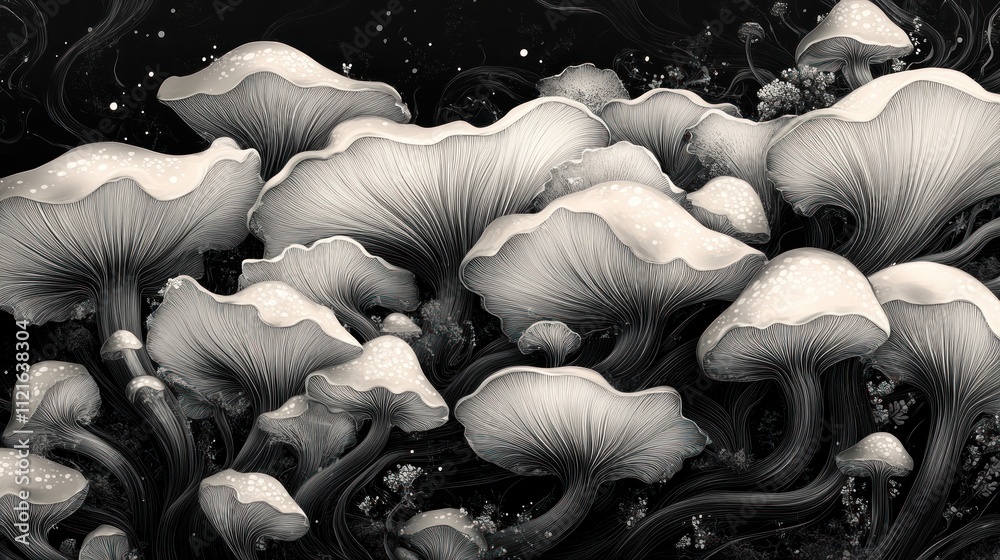 Obraz premium Here's a and keyword list for your image.. Ethereal Monochrome Mushrooms.