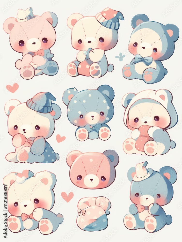 Fototapeta premium Pastel Kawaii Animal Stickers: Cute Characters in Clip Art Style