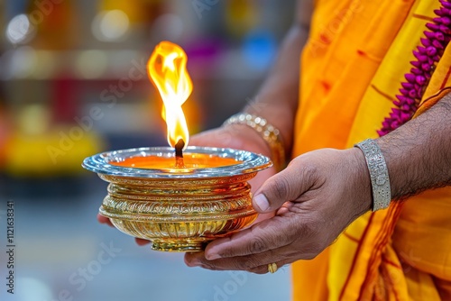 A close-up of a traditional Hindu priest performing aarti with a glowing oil lamp in a beautifully decorated temple photo