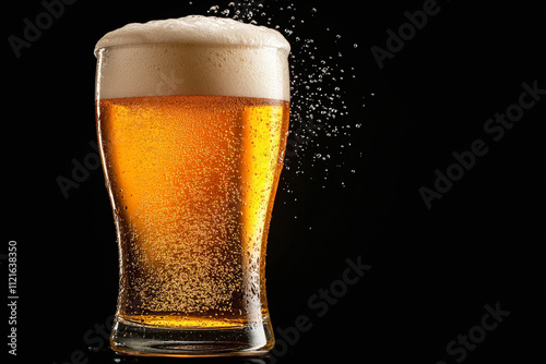 A frothy pint of golden beer with bubbles rises enticingly against a black background, capturing the refreshing essence of a freshly poured beverage. photo