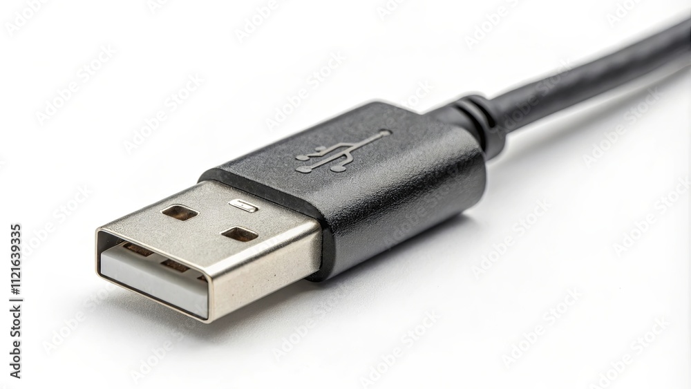 A black USB cable with a white label A black USB cable with a white label