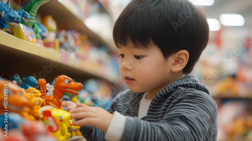A young child explores a toy store aisle, curiously examining colorful dinosaur figurines lined up on the shelf.