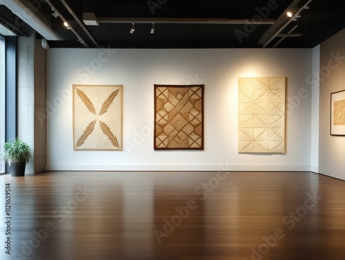 A minimalist gallery featuring three textured artworks on a white wall, with wooden flooring and natural light enhancing the serene atmosphere. photo