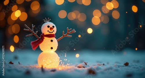 Snowman (Winter Holidays) – A classic snowman made of three snowballs, with a carrot nose, glowing in golden fireflies and party lights, set against a red and black HD background. photo