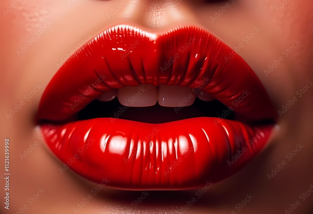 Fototapeta premium Close-Up of Glossy Red Lips with Perfect Shine and Texture