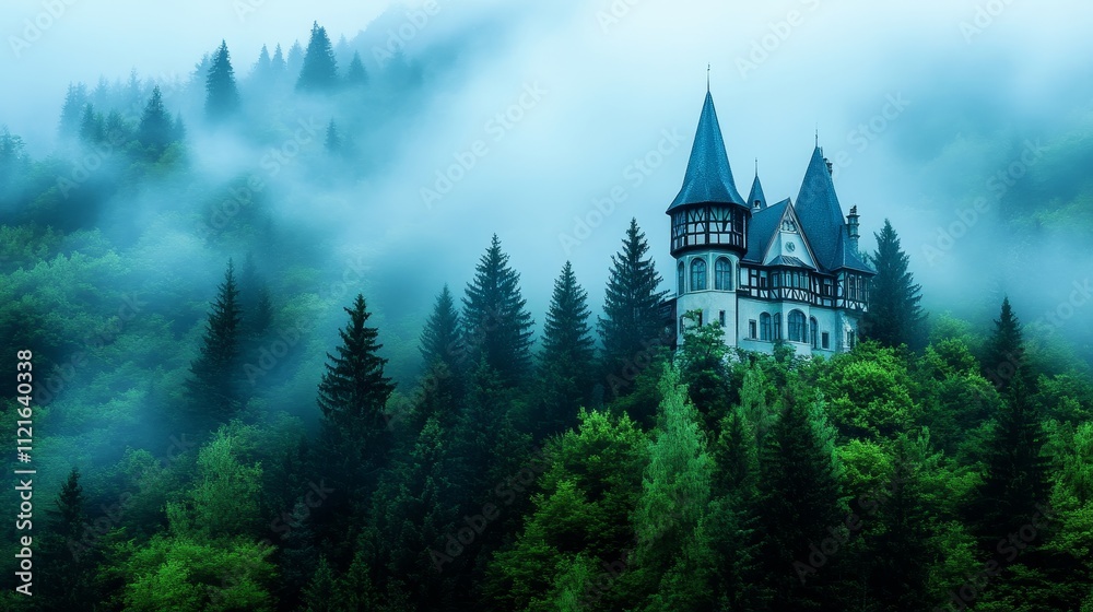 Enchanting Misty Castle in Lush Forest - A captivating castle stands amidst a dense misty forest, surrounded by majestic pine trees and vibrant greenery.