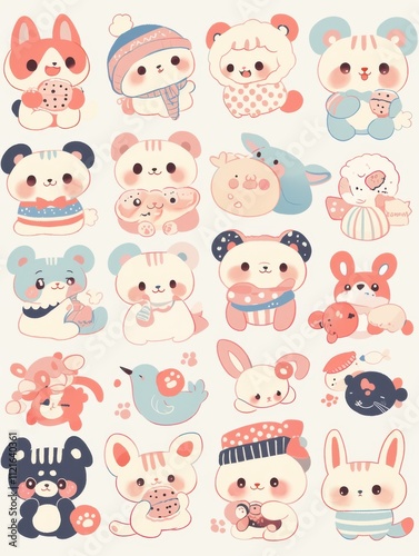 Pastel Kawaii Animal Stickers: Cute Characters in Clip Art Style