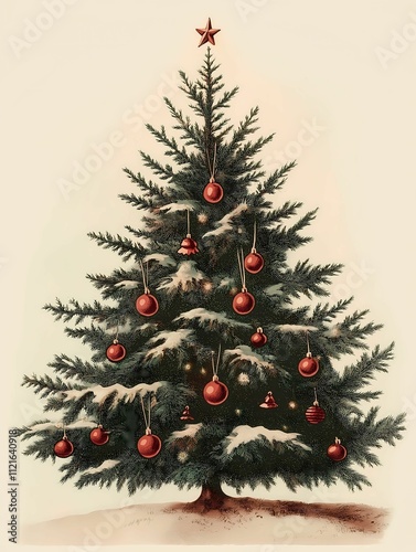 A beautifully decorated Christmas tree adorned with red ornaments and snow, evoking a warm holiday spirit.