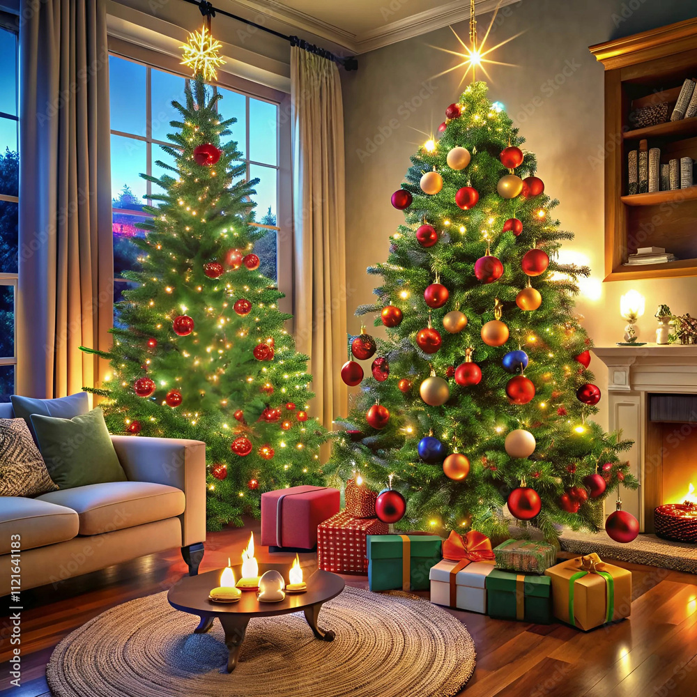 A beautifully decorated Christmas tree adorned with twinkling lights A beautifully decorated Christmas tree adorned with twinkling lights