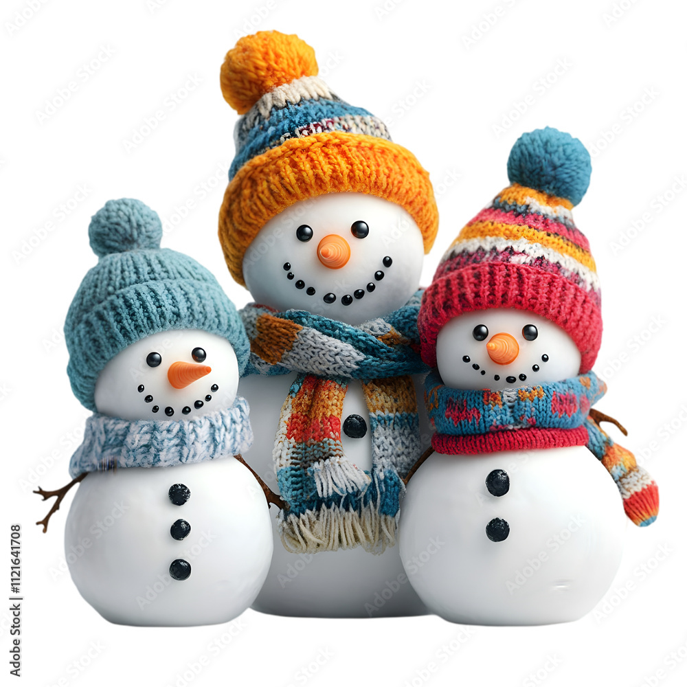 A snowman family with a parent and child, each wearing colorful winter hats, isolated on transparent background A snowman family with a parent and child, each wearing colorful winter hats, isolated on transparent background