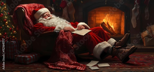 Santa Claus, a Caucasian male, relaxes by the fireplace during Christmas, surrounded by festive decorations.