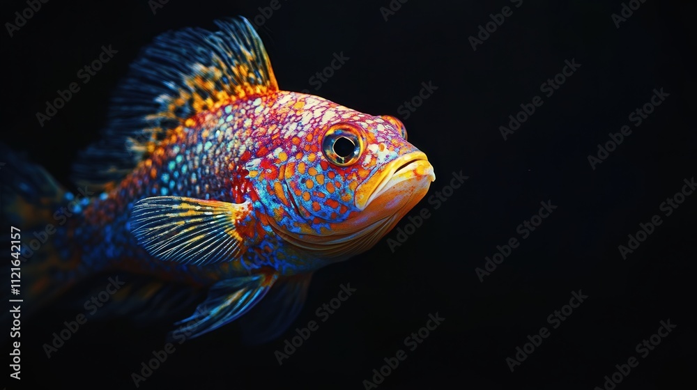 A single bright fish with shimmering scales is captured against a rich black background. A single bright fish with shimmering scales is captured against a rich black background.