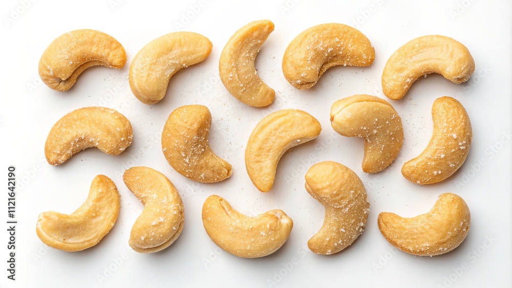 A row of cashews with salt sprinkled on top A row of cashews with salt sprinkled on top