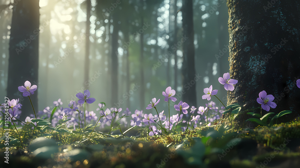 Obraz premium Close-up low angle shot of common wood sorrel blooming in estonian boreal forest. Boreal. Illustration