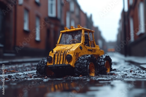 Toy bulldozer on rainy street urban environment toy photography close-up view creative concept for kidsimagination photo