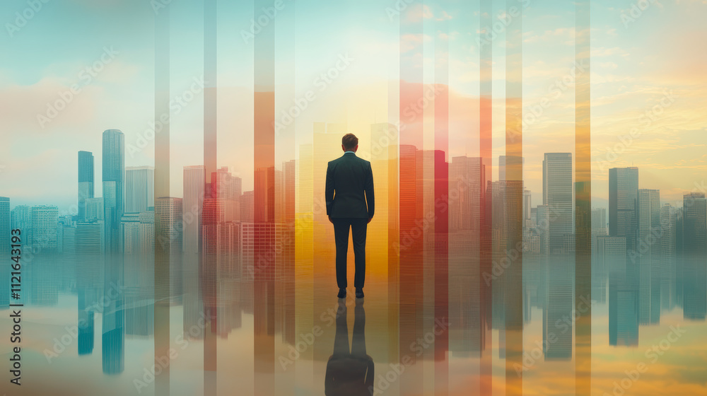 A person in a suit stands facing a vibrant, abstract cityscape with tall buildings, reflecting ambition and future possibilities in a colorful skyline. A person in a suit stands facing a vibrant, abstract cityscape with tall buildings, reflecting ambition and future possibilities in a colorful skyline.
