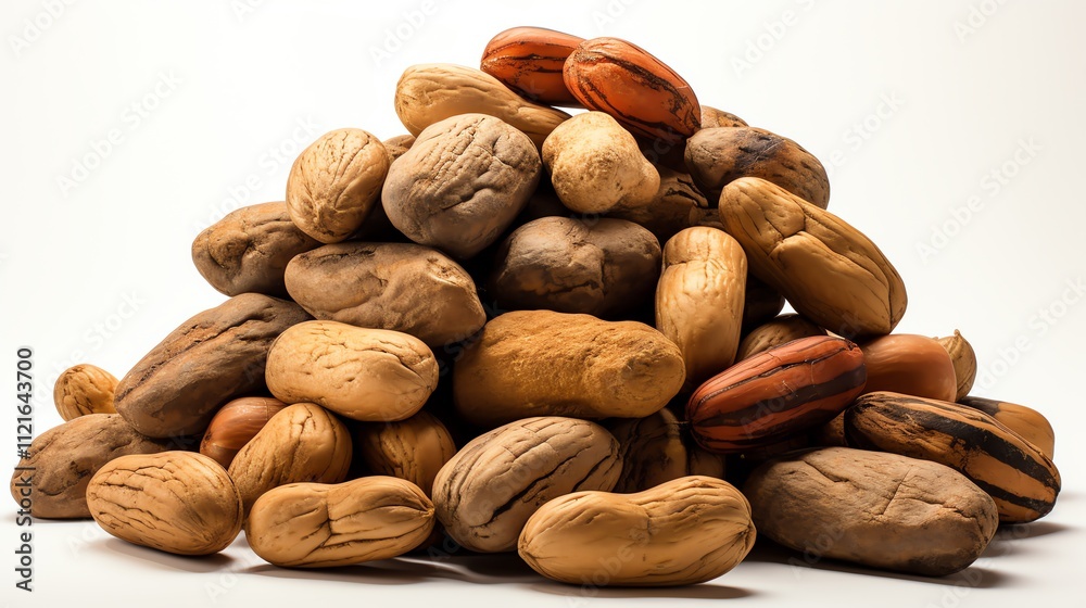 Obraz premium A large pile of pecan nuts in their shells, some showing variations in color and size, against a bright white background.