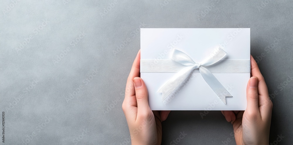 Obraz premium Blank White Paper with Gift Ribbon Bow in Women's Hands