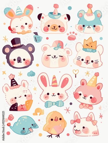 Pastel Kawaii Animal Stickers: Cute Characters in Clip Art Style